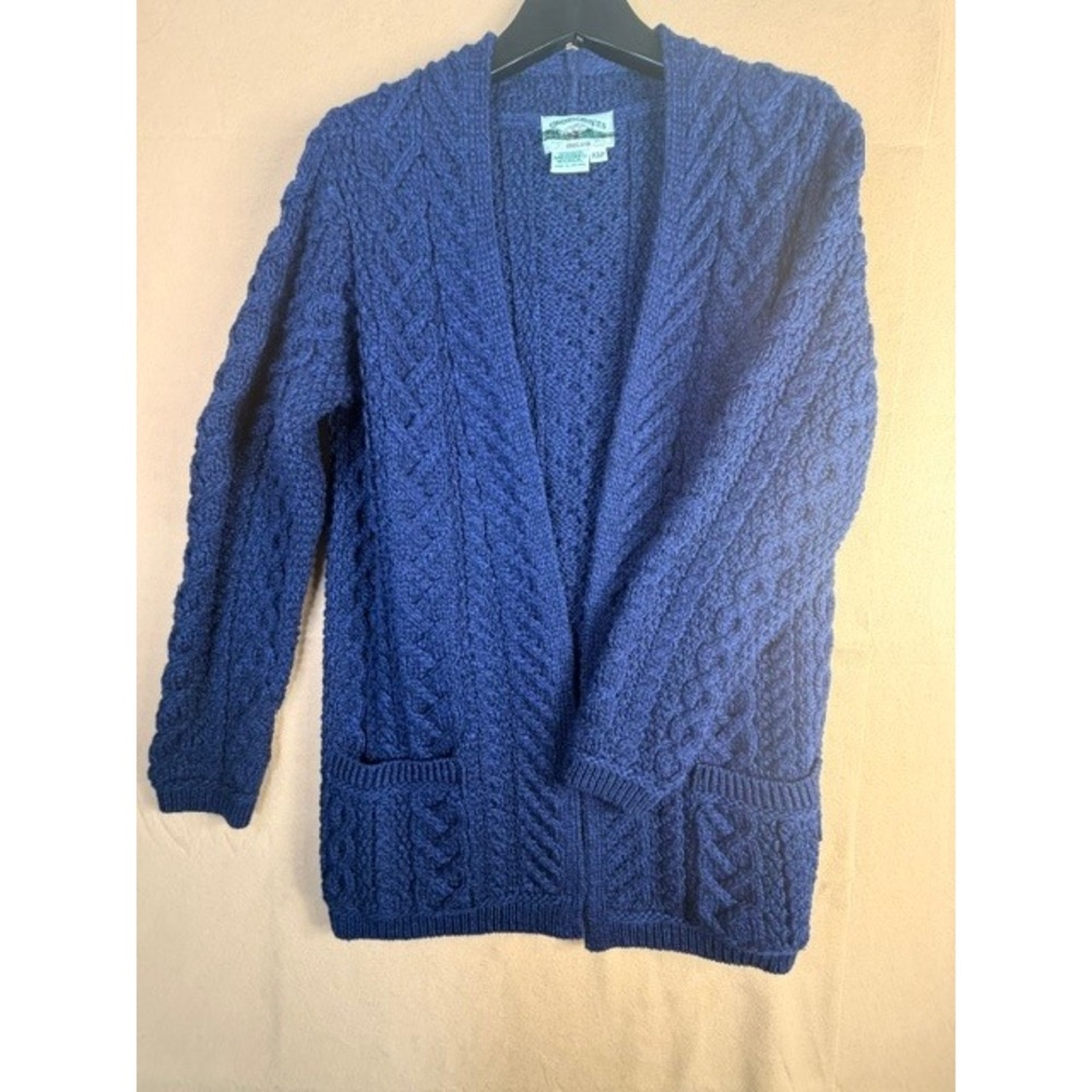 Aran Crafts Ireland 100% Merino Wool Cable Knit Cardigan Blue XSP